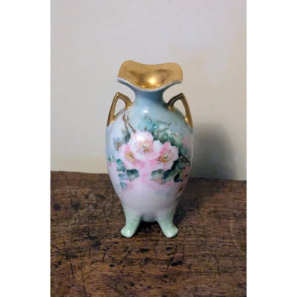 Antique Hand Painted Porcelain Footed Vase - Pink Wild Roses & Gold Gilt 6